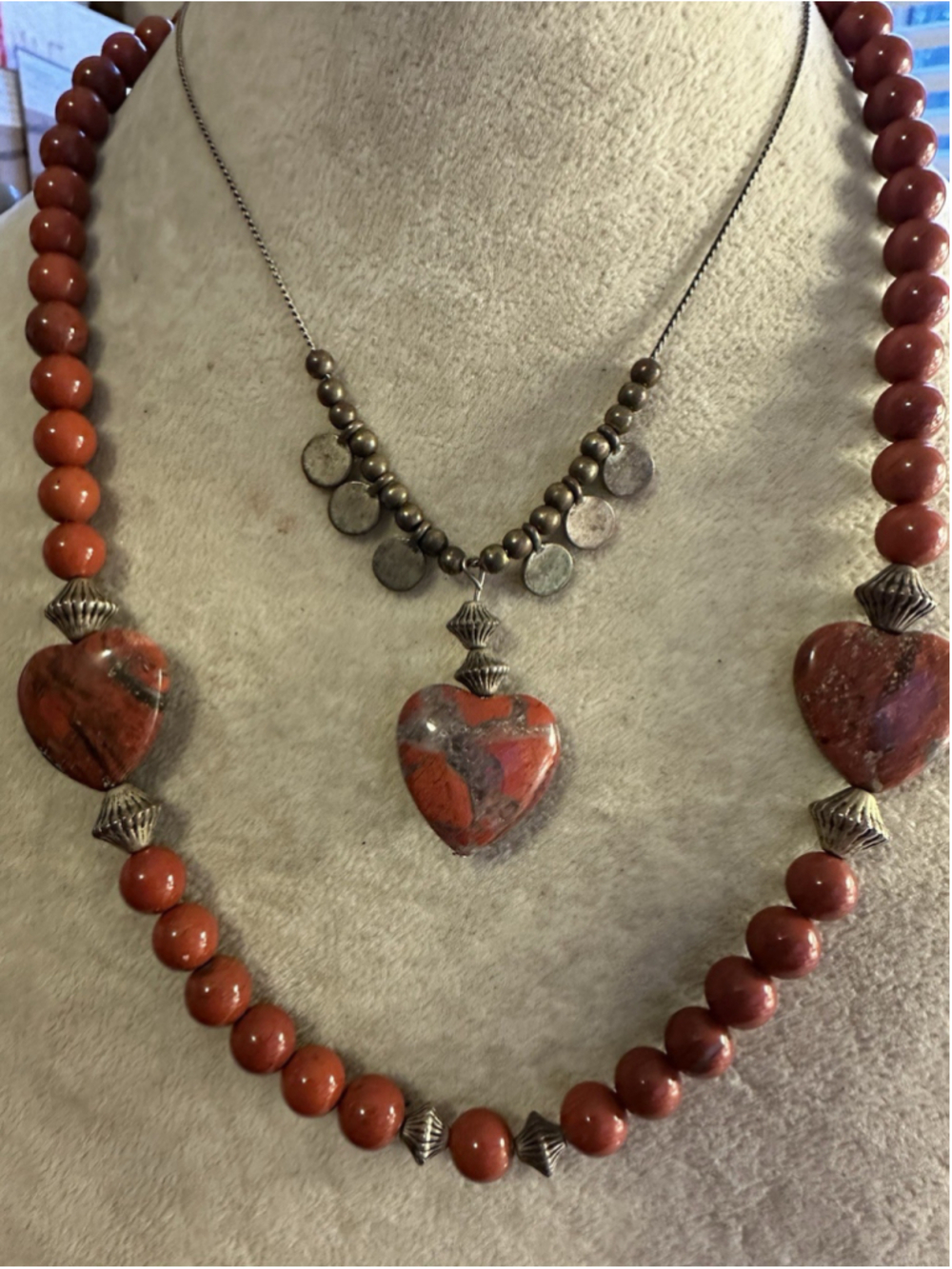 Vintage Set Red Jasper Brecciated Stone Bead Chalcedony Vein Heart Necklaces